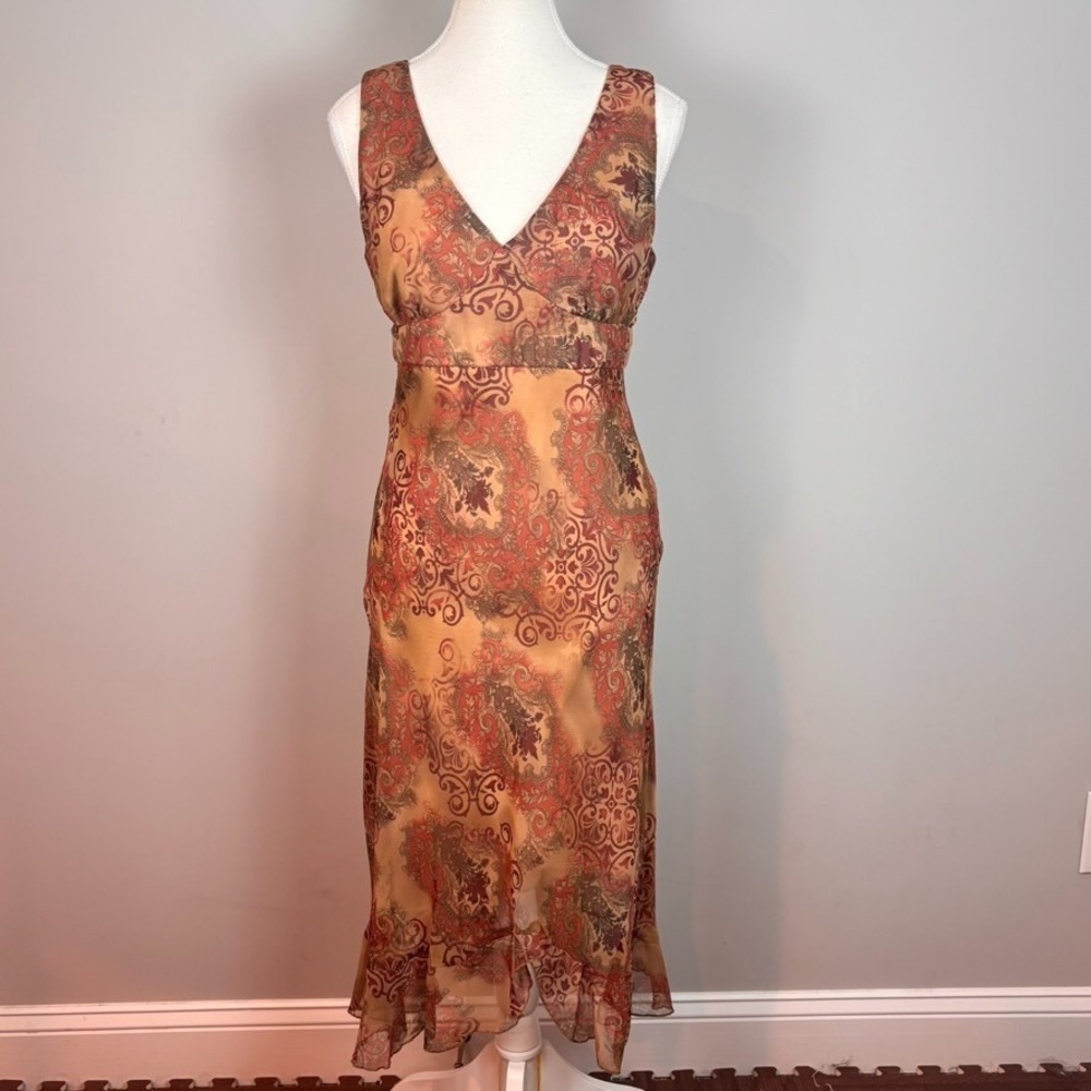 New York & Company Womens Brown Paisley Babydoll Slip Dress Y2K sz 10 Boho Fairy